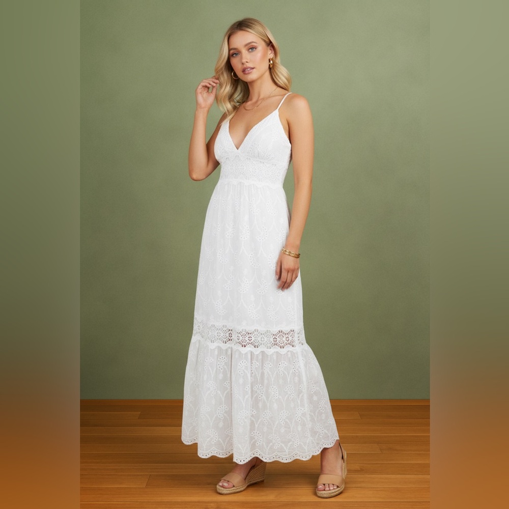 White Spaghetti Strap Maxi Eyelet Dress